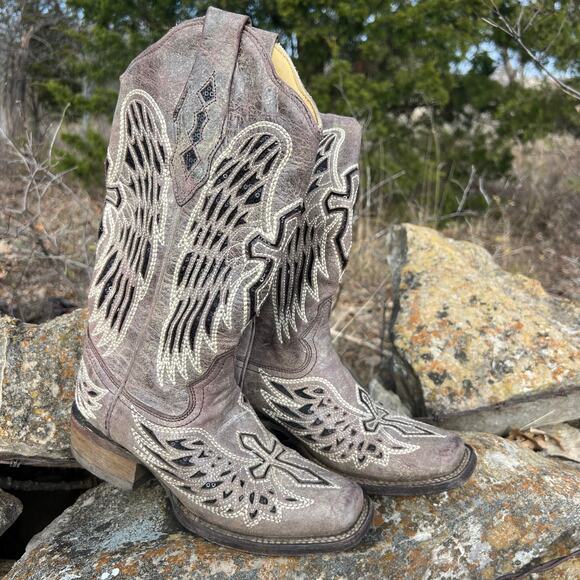 Corral Boots Cross Angel Wings Black Glitter Inlay Square Toe Cowgirl A1197 5M - Picture 1 of 8